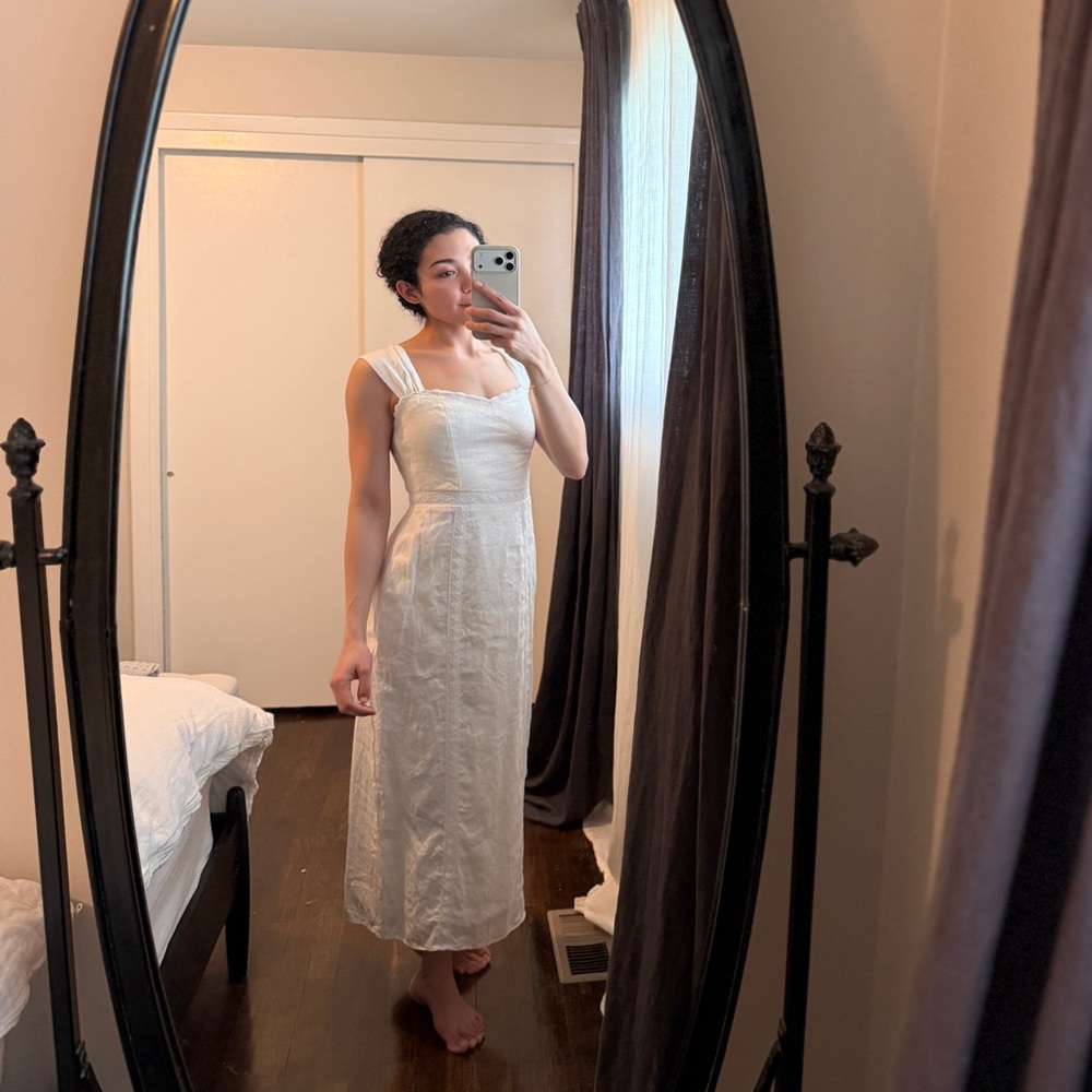 Caramel monster White linen sweetheart midi Dress